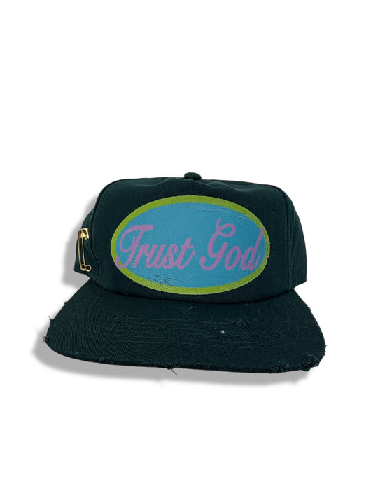 GREEN DISTRESSED HAT PINK AND BLUE LOGO